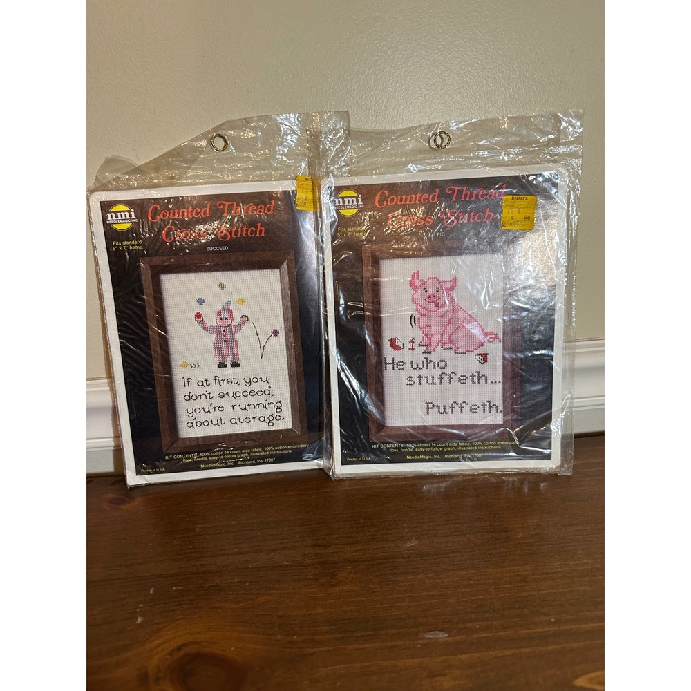 Vintage NeedleMagic Counted Cross Stitch Kits Set of 2 Funny Pig Clown 5x7 nmi